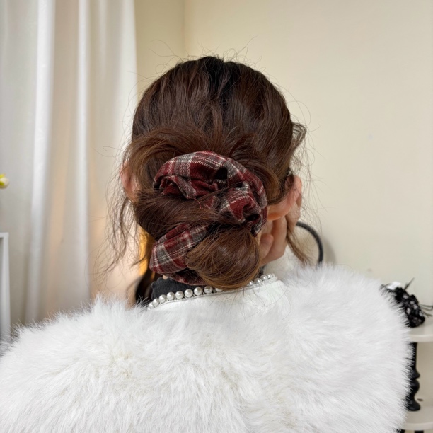 L265夕洛韩系复古格纹大肠发圈学院风高级感慵懒丸子头发绳头饰