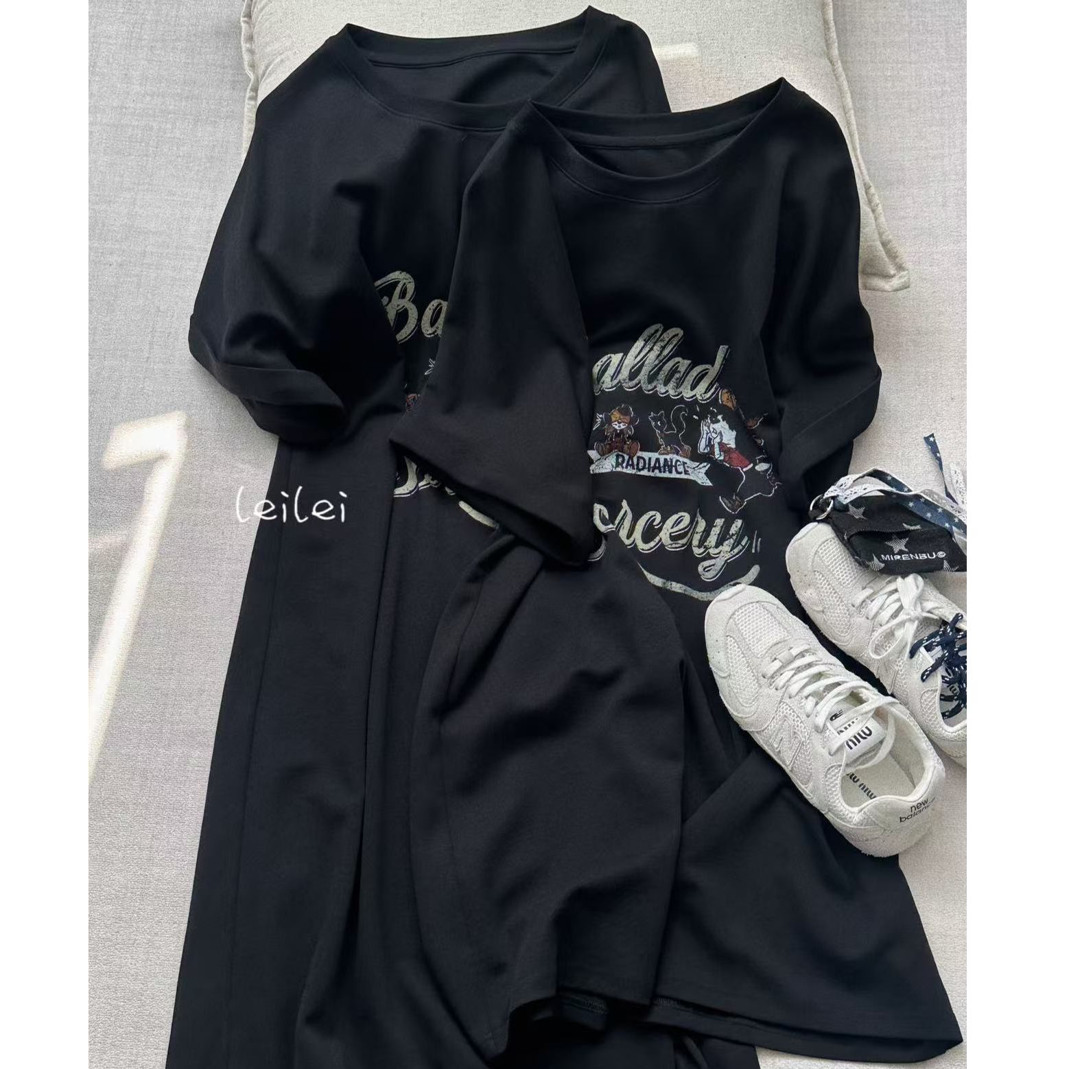 晶咕【双萃美式】大版圆领印花T恤连衣裙时尚休闲宽松复古印花