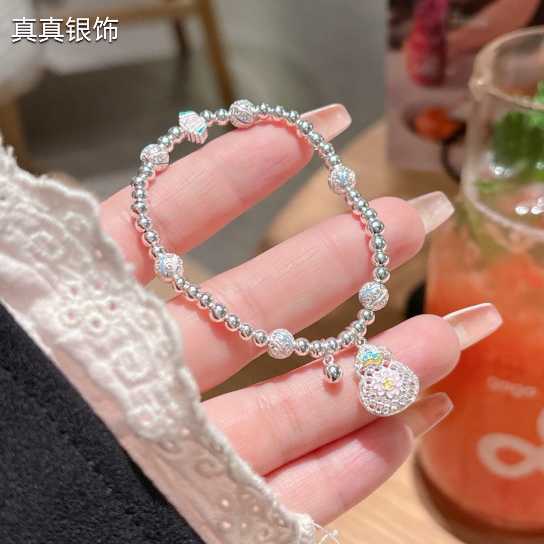 925银手链 纯银s925银花朵葫芦莲花手串银色花丝球光珠手链