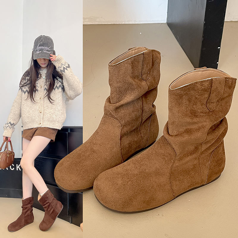 韩版平跟复古马丁靴百搭靴子春季2025春秋爆款褶皱翻毛皮小短靴