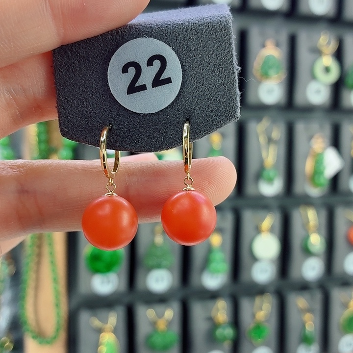 南红玛瑙18K金镶嵌耳饰