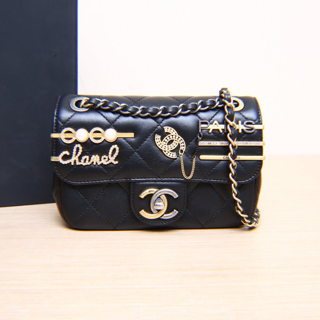 95新 Chanel/香奈儿 小花双双 22C CF 方胖子 黑色 皮革S 芯片开