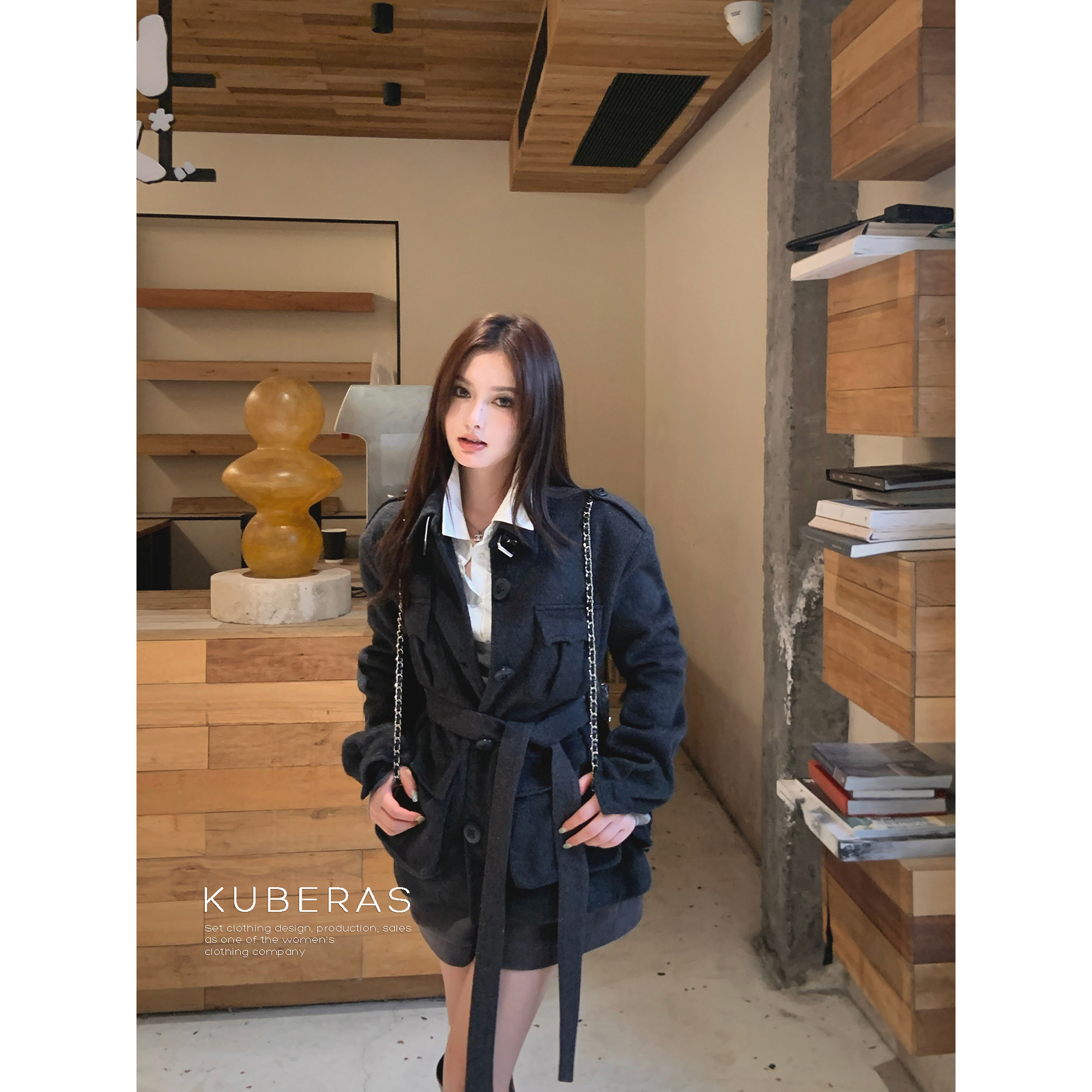 KUBERAS 复古小众短款宽松口袋工装翻领大衣高级感毛呢短外套