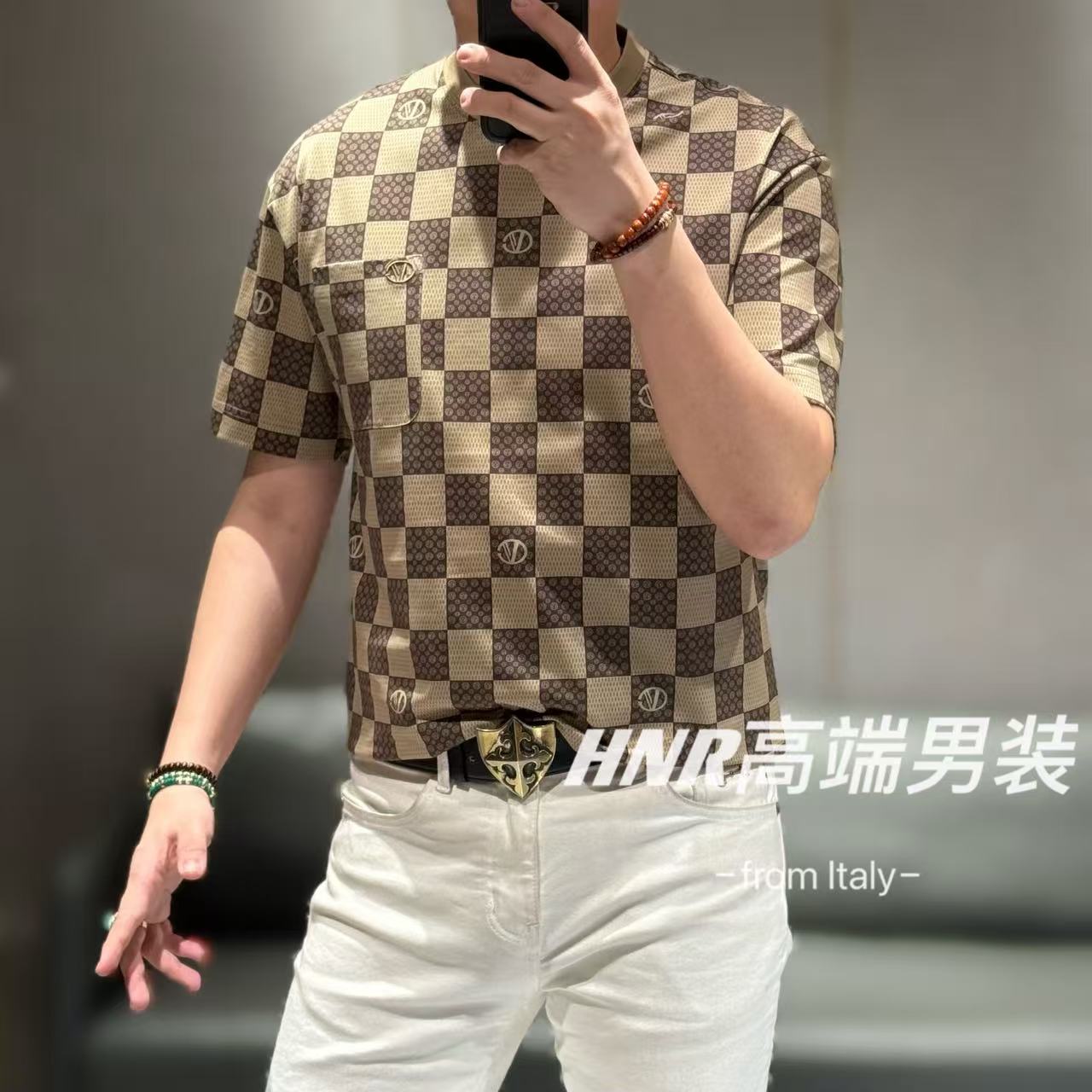 棋盘格微扩版全身满花数码印花图案100%长绒棉春季新品T恤3591