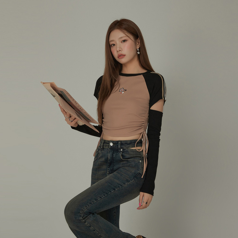 【陈嘉尔专属】CHUU星星刺绣设计拼接感抽绳小众百搭设计T恤-Q