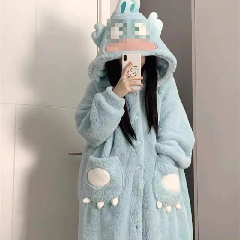 女保暖宽松卡通家居服套装毛绒玉桂狗睡袍加绒学生睡衣浴袍