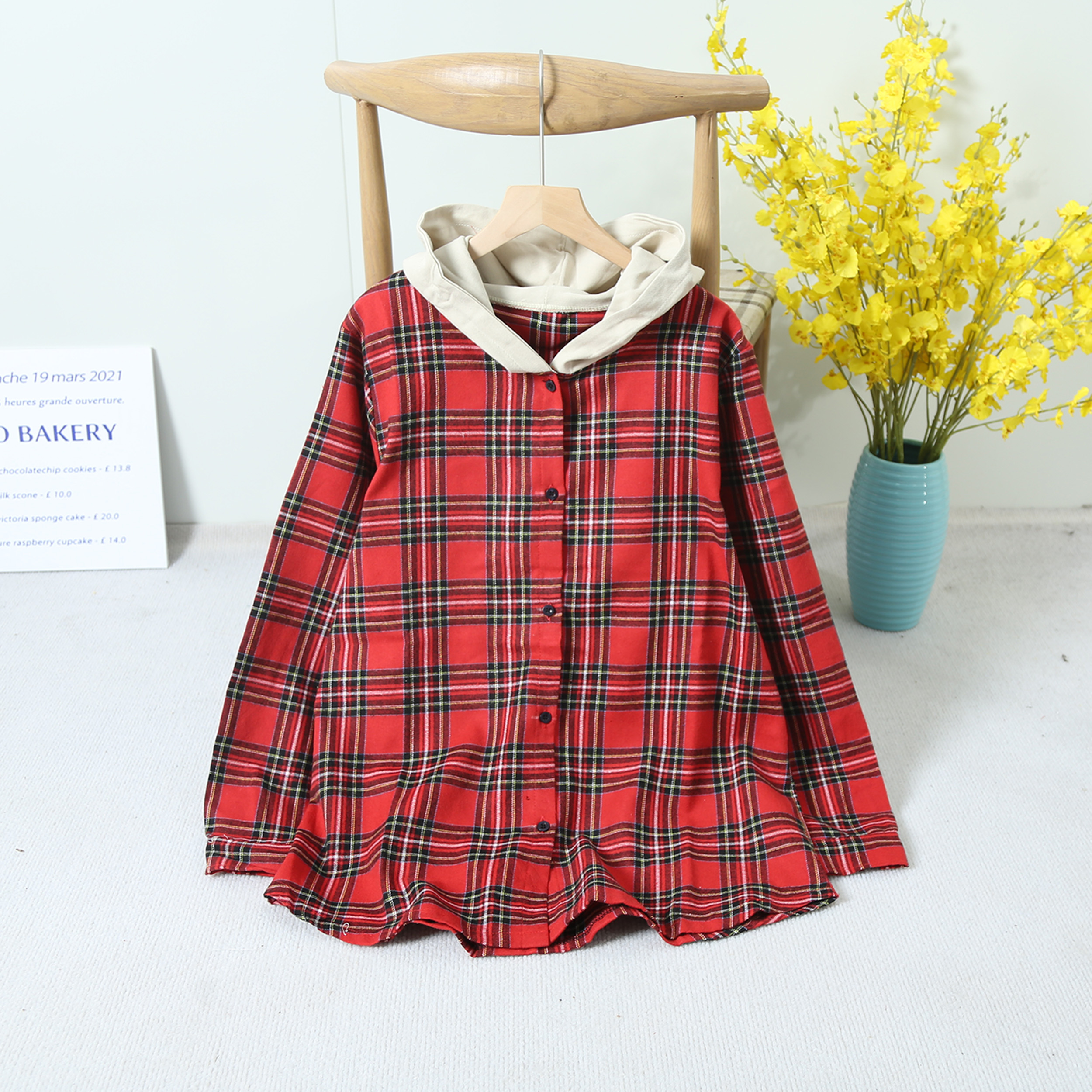 拼接复古格子连帽韩系中长款百搭叠穿男女同款春秋衬衣外套6C696