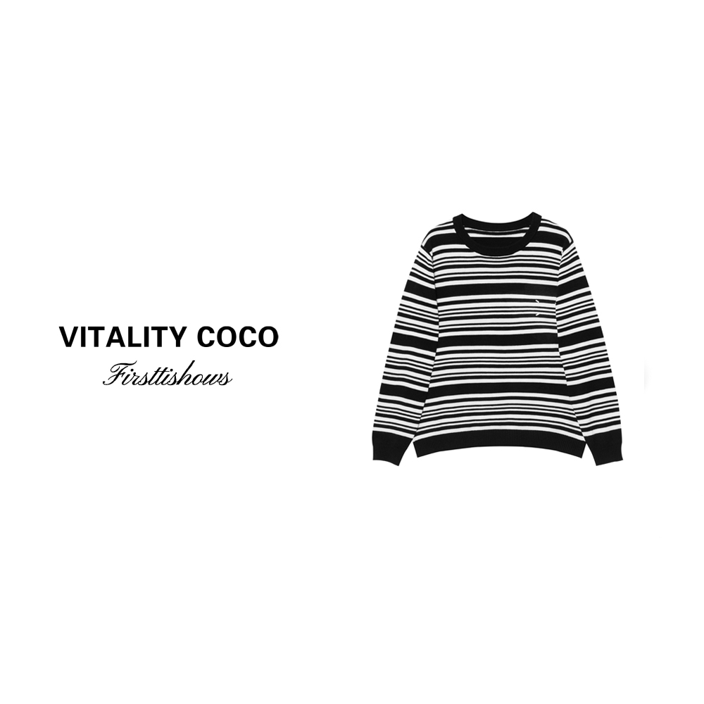 「VITALITY COCO」秋冬宽松黑白条纹撞色长袖卫衣针织女上衣-381