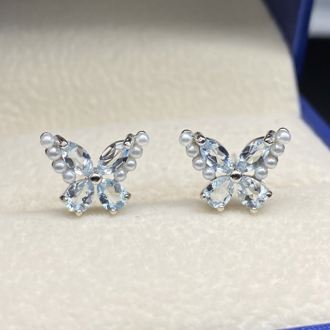 蝴蝶天然海蓝宝石耳钉通体s925银轻奢精致气质小巧优雅时尚百搭YM