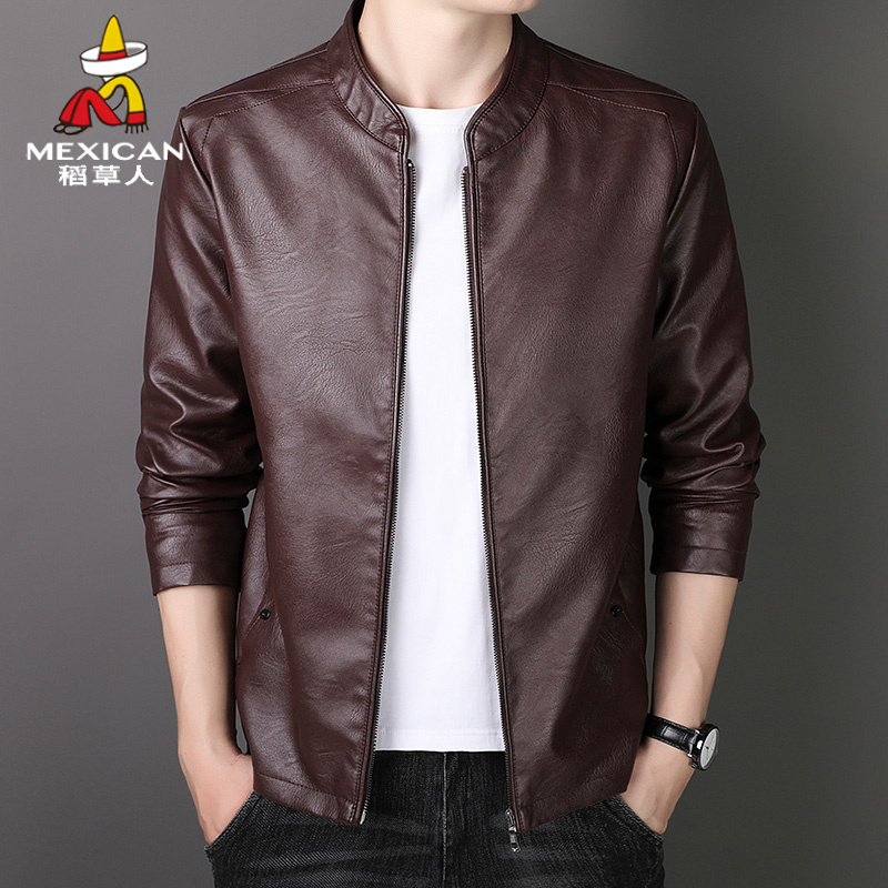 Mexican/稻草人男士春秋季加绒加厚皮衣夹克韩版帅气时尚修身外套