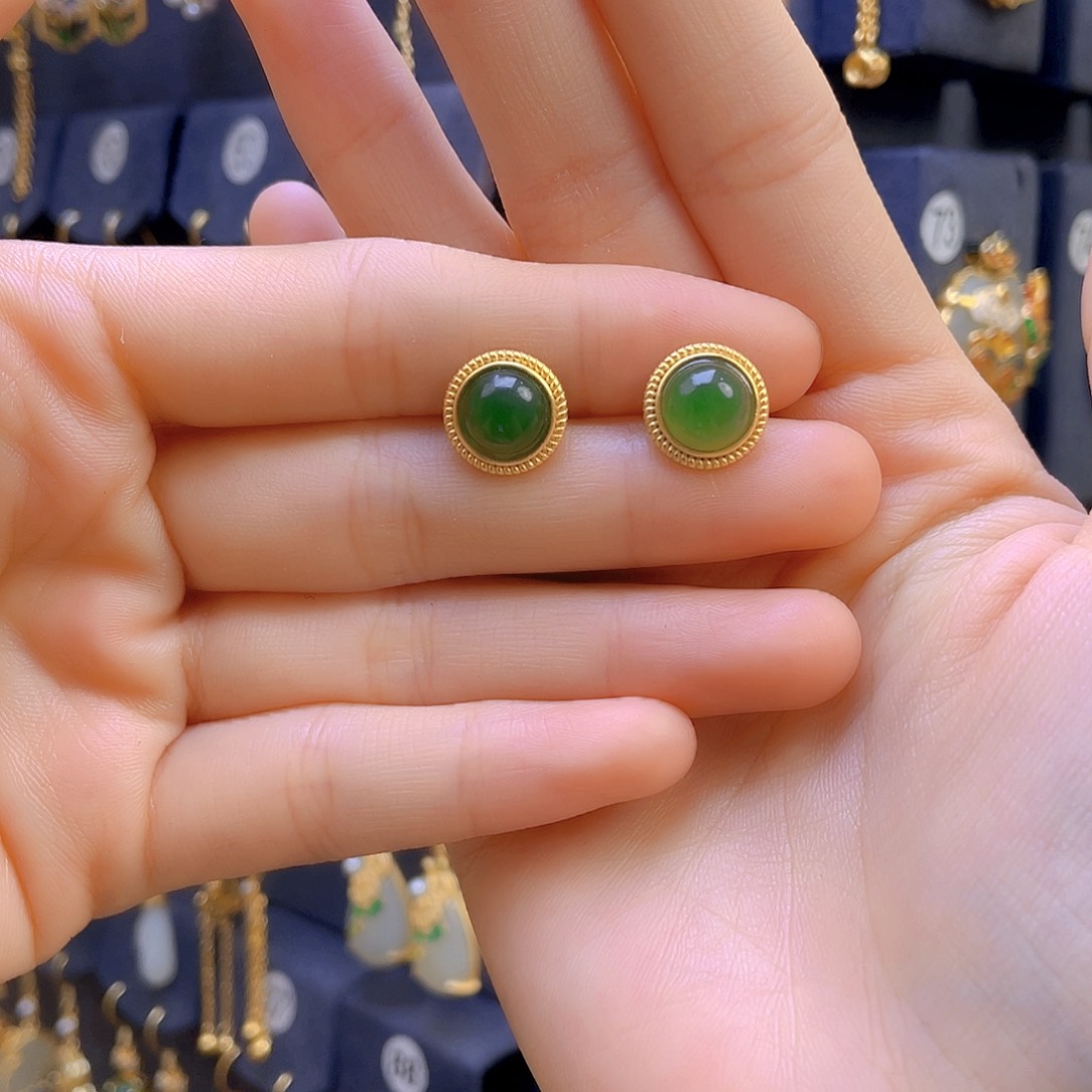 和田玉耳饰银S925镀金镶嵌