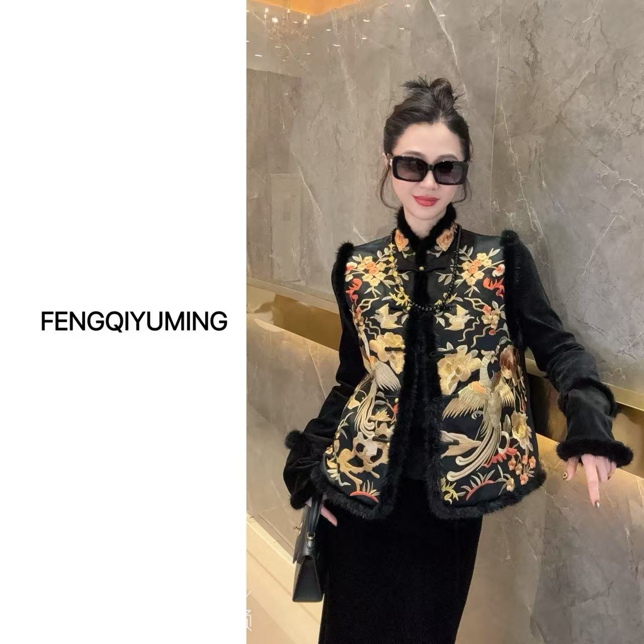 现货【金凤朝阳】新中式水貂毛刺绣复古中国风秋冬夹棉马甲