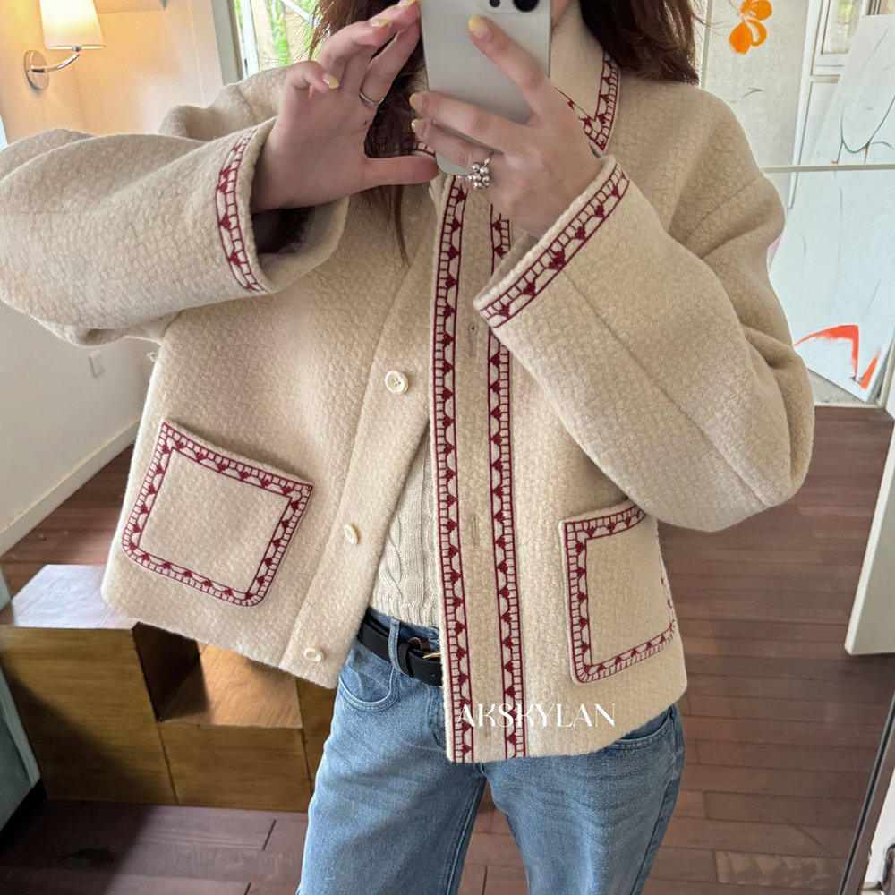 【清】NO退换ONEXH·2025秋冬小香风韩系刺绣羊毛外套女高级感夹克衫