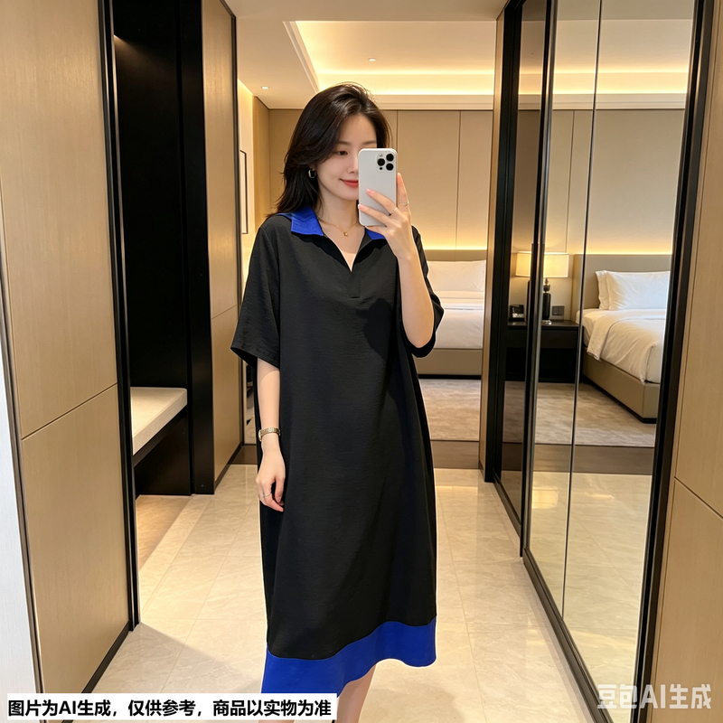 【Annie 182-183】夏款polo领撞色连衣裙背后开叉设计休闲宽松大码