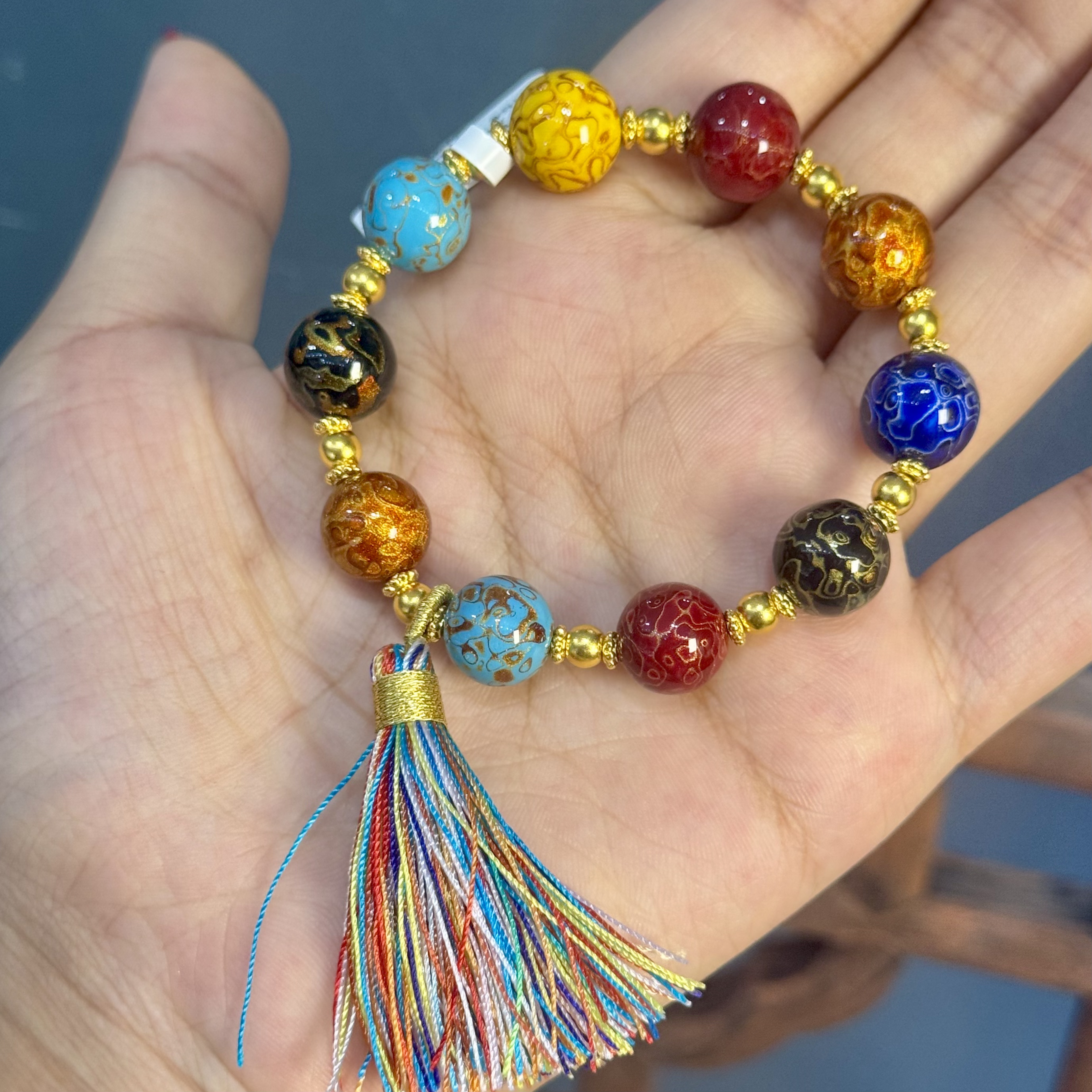 足金999纯黄金非遗多彩大漆鎏彩手串 10.8mm