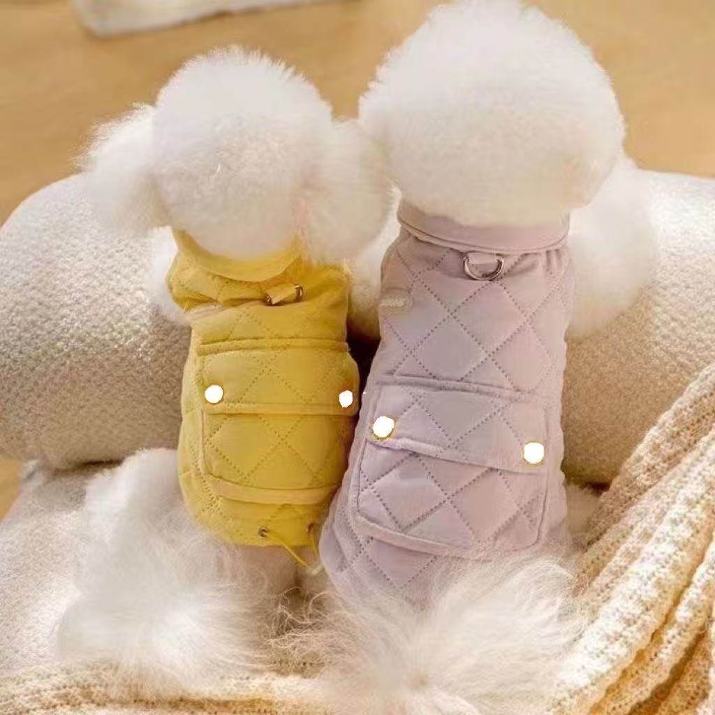 狗狗衣服秋冬款加棉背心小型犬比熊泰迪猫咪牵引棉马甲自带牵引扣