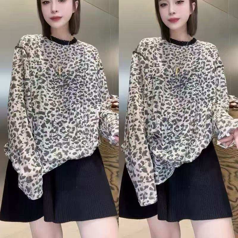 斜领女豹纹韩版女款豹纹长袖T恤提花长袖秋冬打底衫