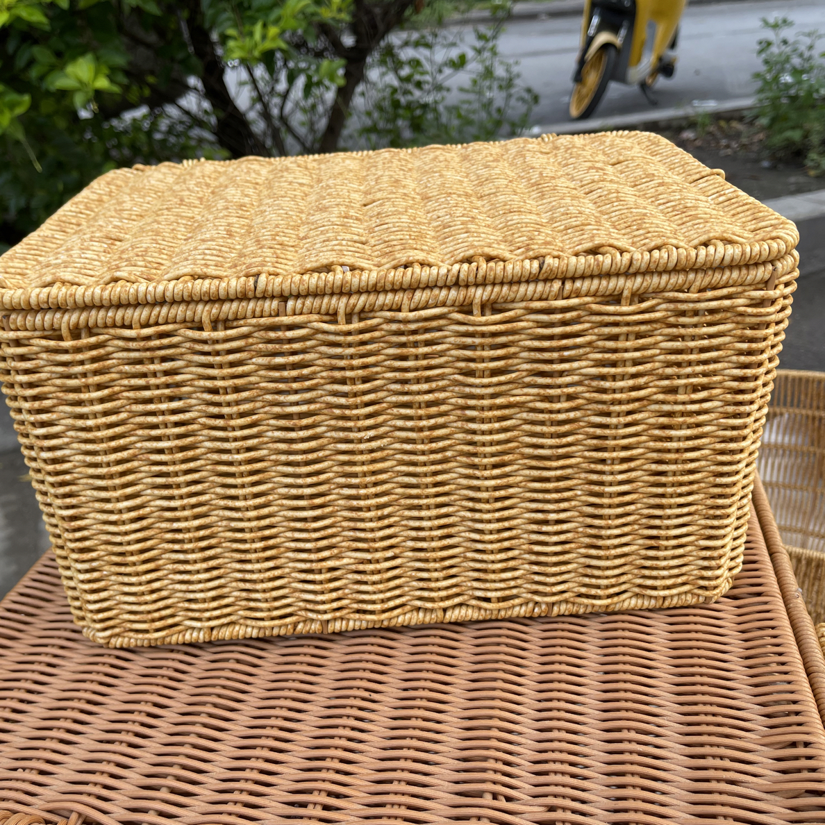 N1浅咖色双抽手带盖收纳筐简约轻奢风纯手工编织