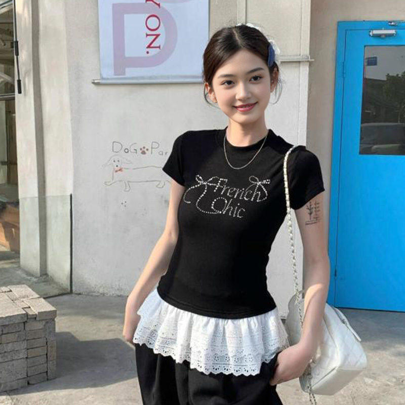 【8627】大码女装胖mm蝴蝶结烫钻花边拼接黑色短袖t恤夏季正肩上衣