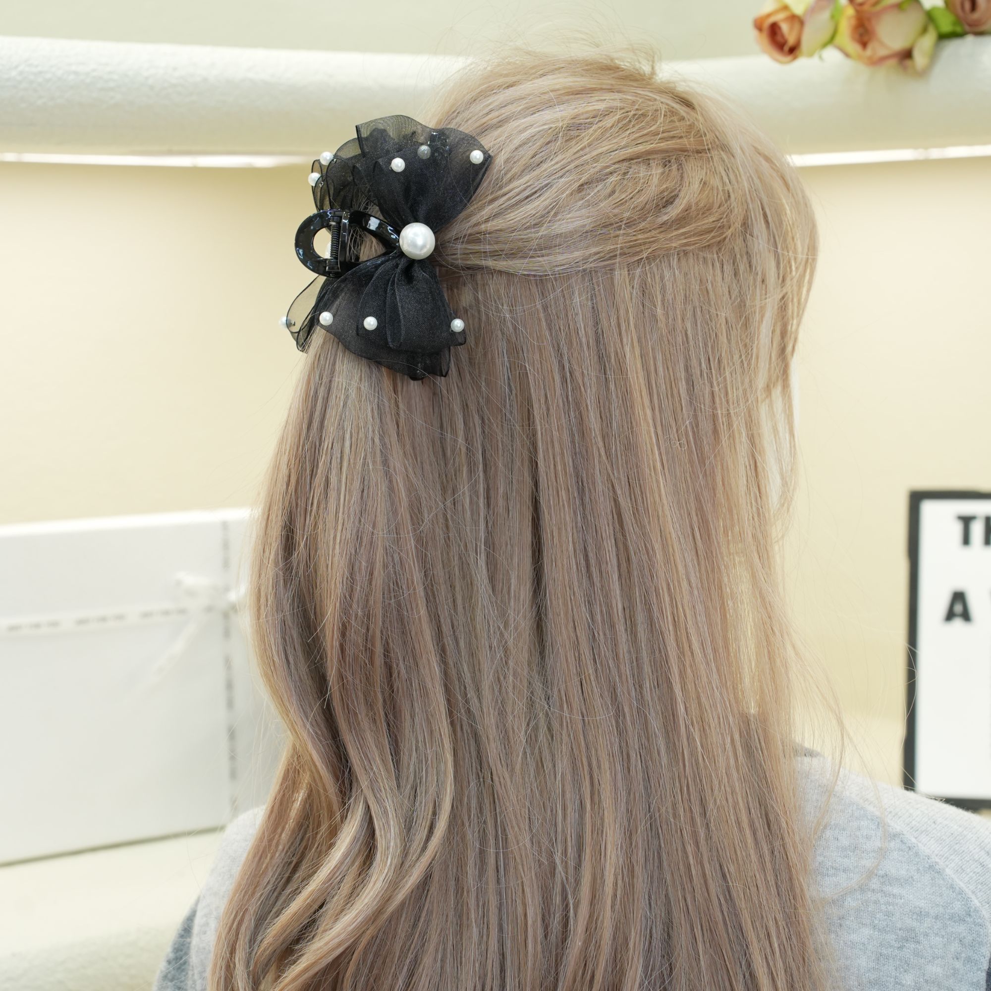 【抓夹129】11公分 钉珠双层欧根纱蝴蝶结抓夹