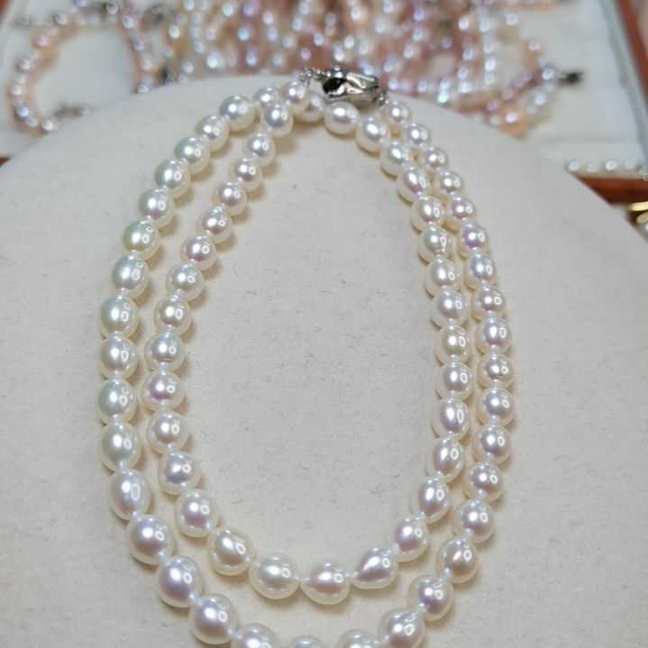 淡水珍珠颈饰银S925镶嵌淡水ak胖米珠白色无瑕5-6