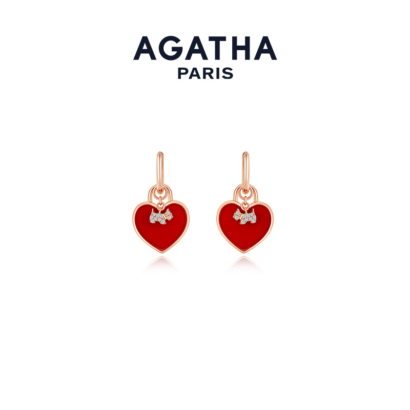 AGATHA 925银合成锆石耳饰 明星同款双生爱心小狗耳环耳钉D