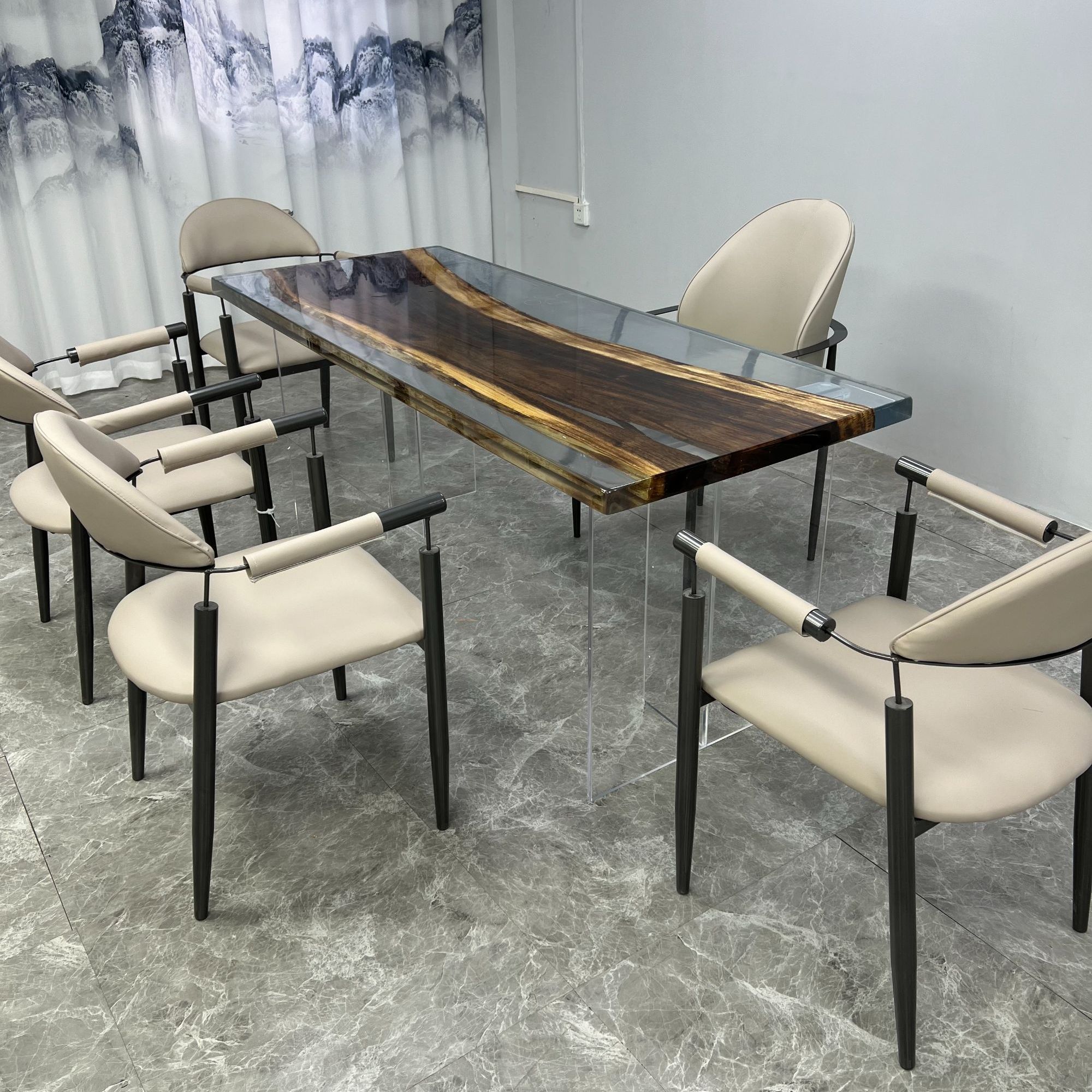 河流全透胡桃木树脂大板茶桌现代轻奢办公两用茶桌环氧树脂泡茶