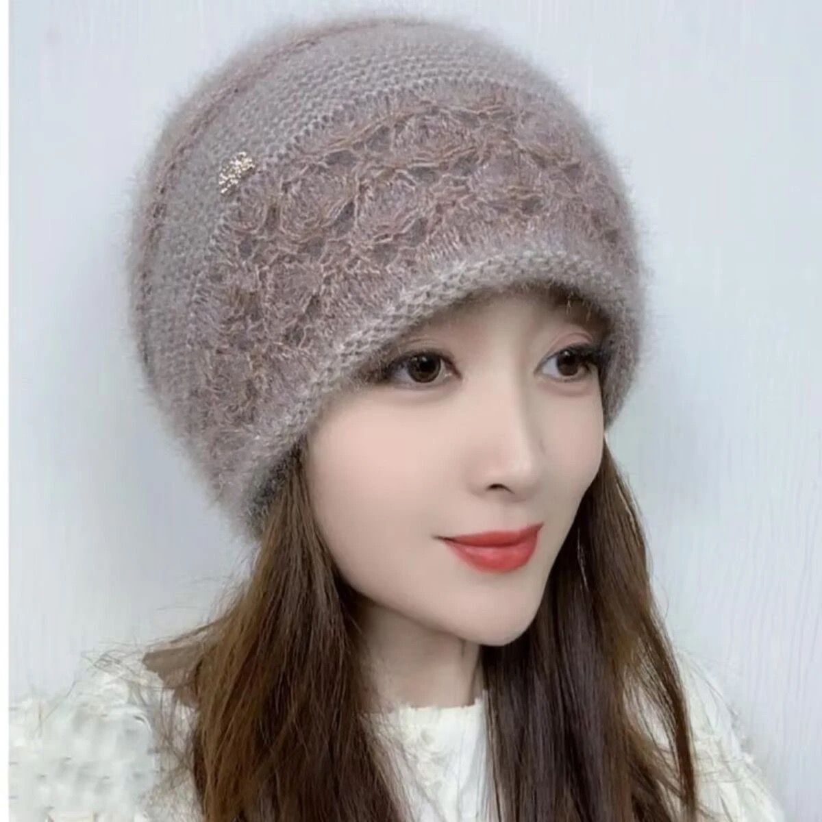 女士秋冬新款韩版卷边钩花妈妈款松鼠绒双层防风防寒保暖针织堆帽