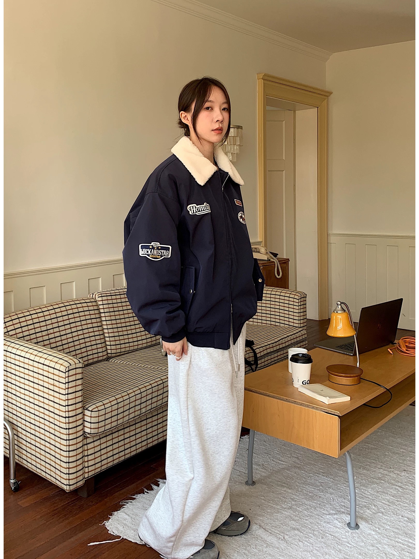 小奈推荐翻领棉服棉衣设计感情侣美式