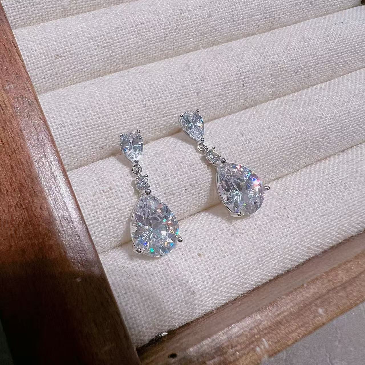 925银耳饰 旺莱 901 双水滴闪锆流苏耳钉S77857012 凤选