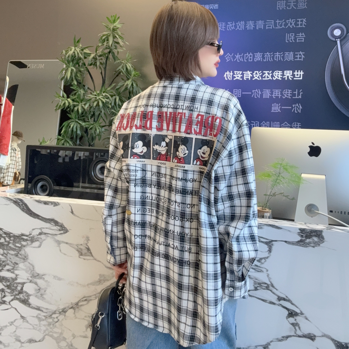 RM爆裂印米奇格纹长款时尚衬衫83718