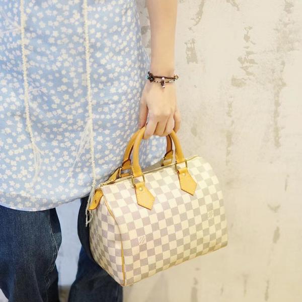 95新 LouisVuitton/路易威登 大吉中古/Lv白棋盘格speedy25手提斜