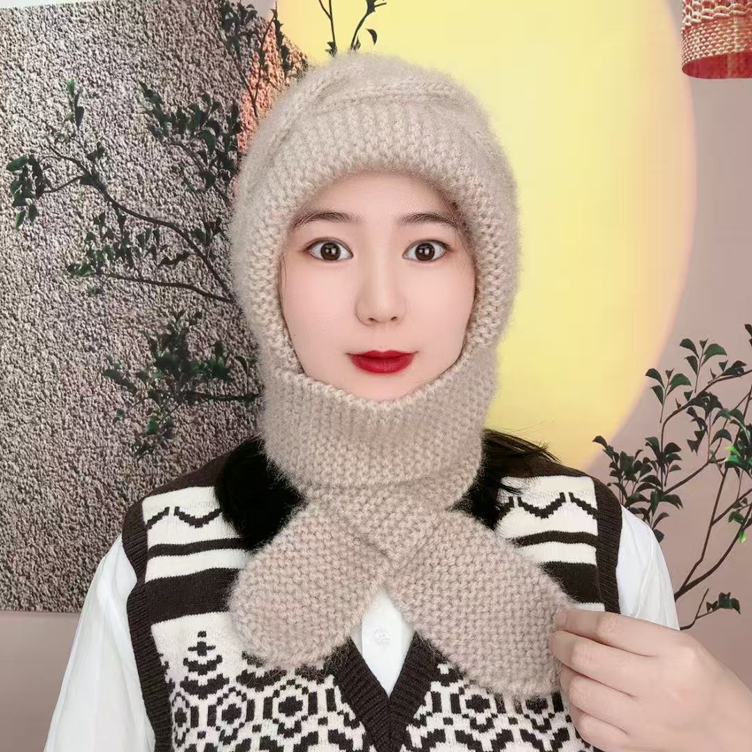棋盘格纯手工加厚保暖围巾一体帽