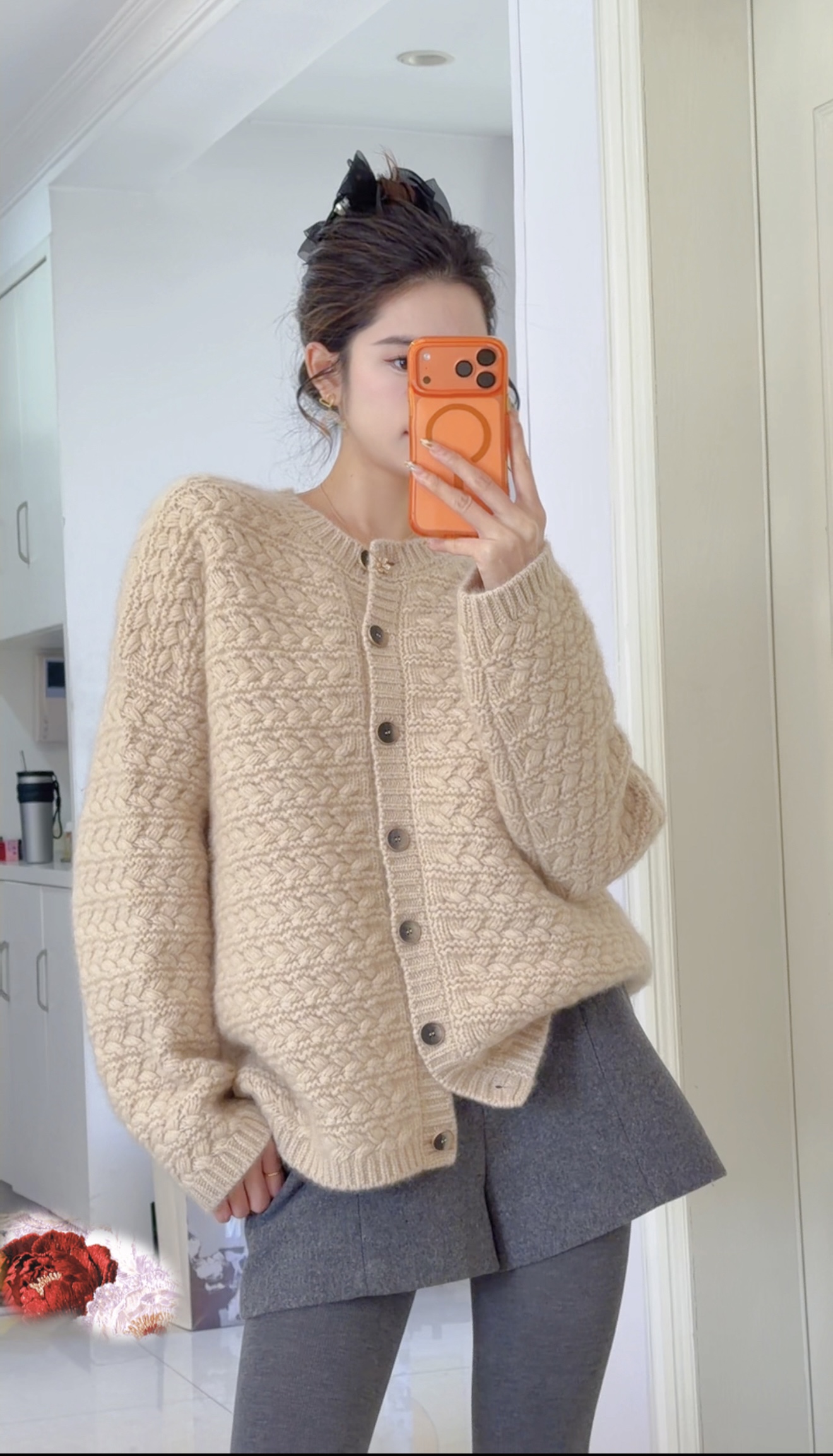 【复古绞花】重磅加厚100%纯羊毛开衫女圆领纯色针织外套255640-1