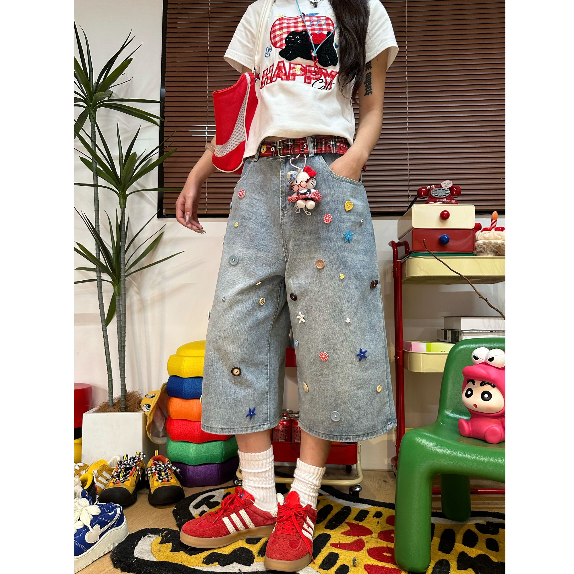 彩色纽扣个性牛仔短裤男夏季美式复古裤子设计感阔腿七分中裤