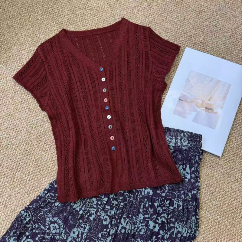 深圳南油白桃美美  彩扣镂空V领短袖针织开衫夏季新款修身A2524