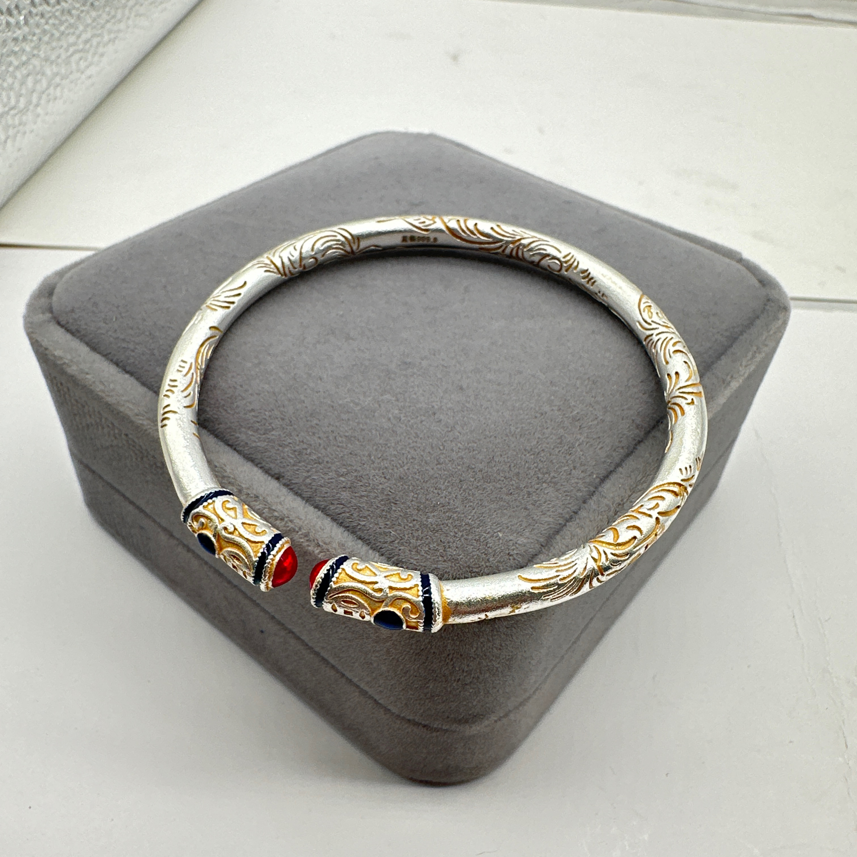 足银手镯  足银999.9手镯A24 珐琅描金如意镯