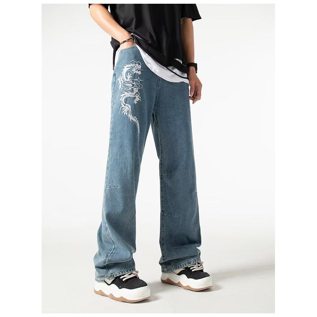 A253-BY美式街头刺绣阔腿牛仔裤男女百搭高街休闲宽松直筒长裤潮