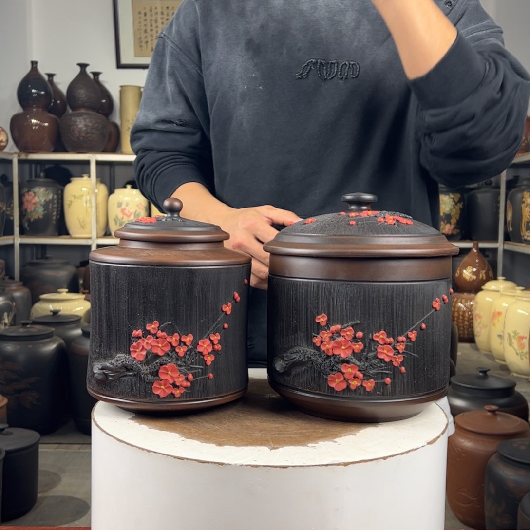 一对纯手工梅花醒茶罐纯手工