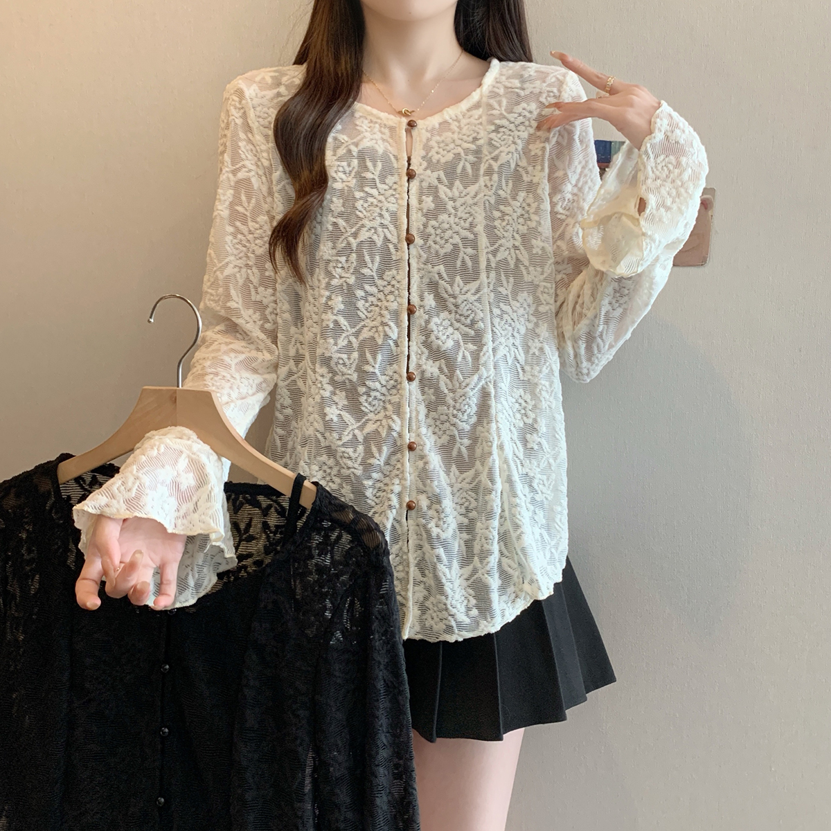 大码美美哒2025春季气质吊带镂空蕾丝开衫外搭罩衫两件套63966