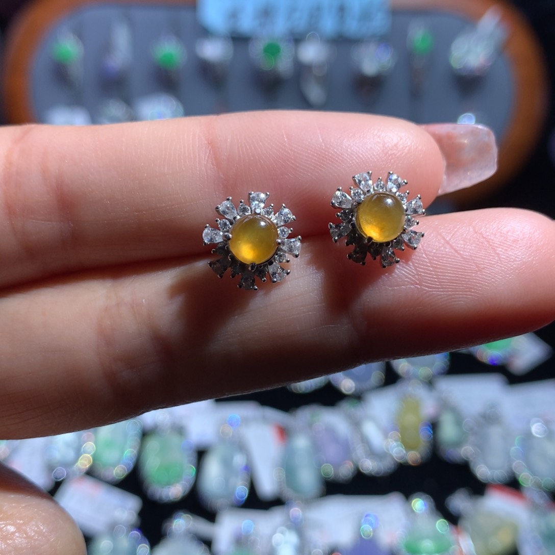 翡翠耳饰银S925镶嵌天然翡翠A货缅料高冰黄翡蛋面耳饰