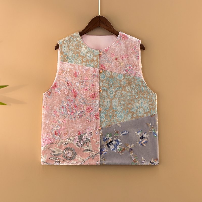 【倾菡】2025新款春季马甲新中式宽松圆领亮片绣花拼色上衣马夹女款