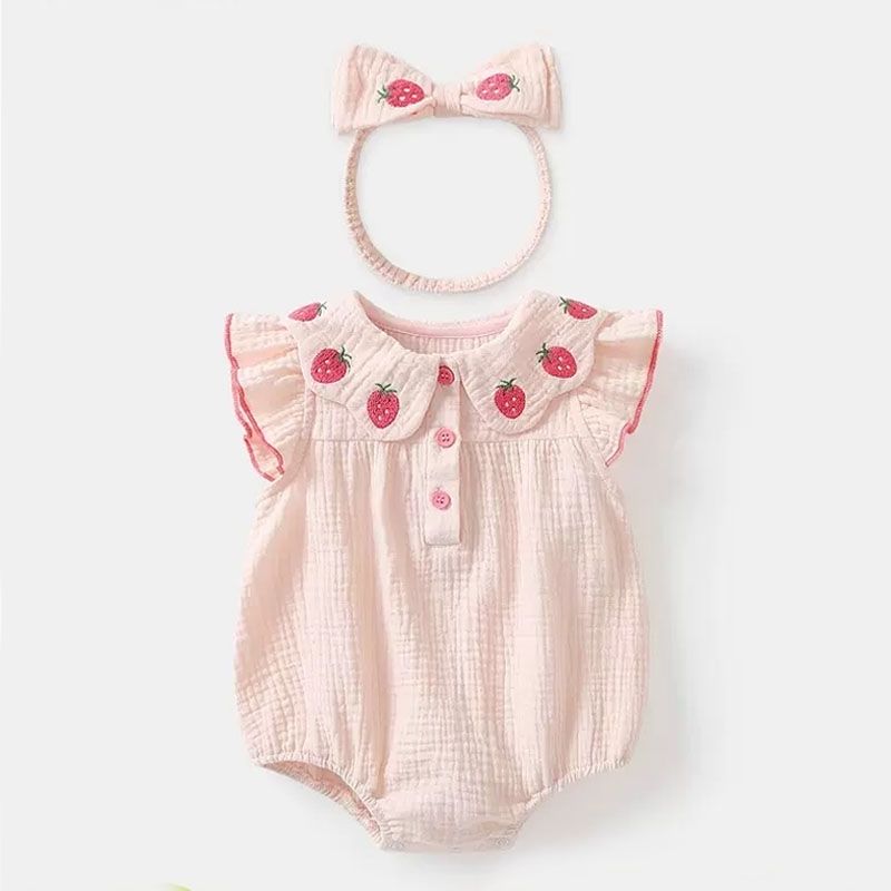 【灿宝家】草莓纱布包屁婴儿夏季衣服薄款纯棉女宝宝连体满月空调服