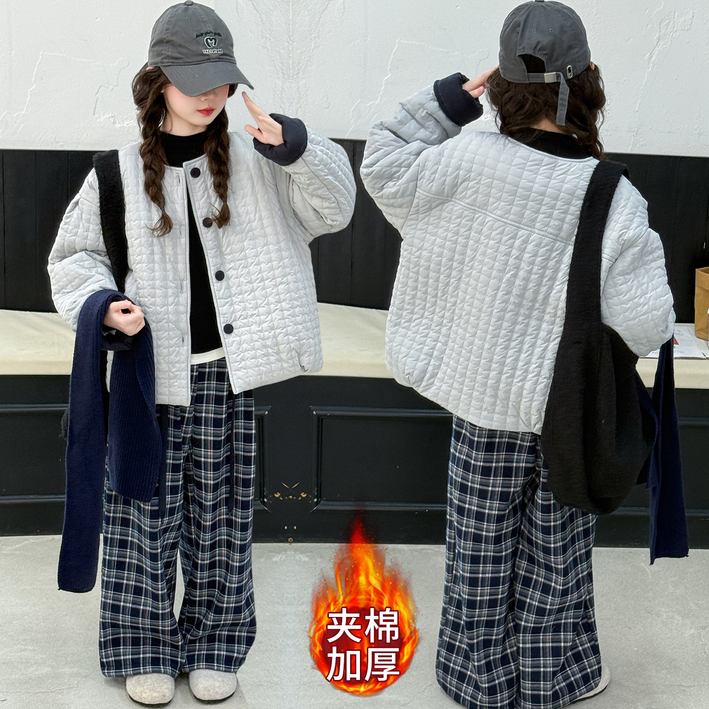 女童秋冬外套2025新款女大童冬季夹棉上衣儿童加绒厚格子裤两件套