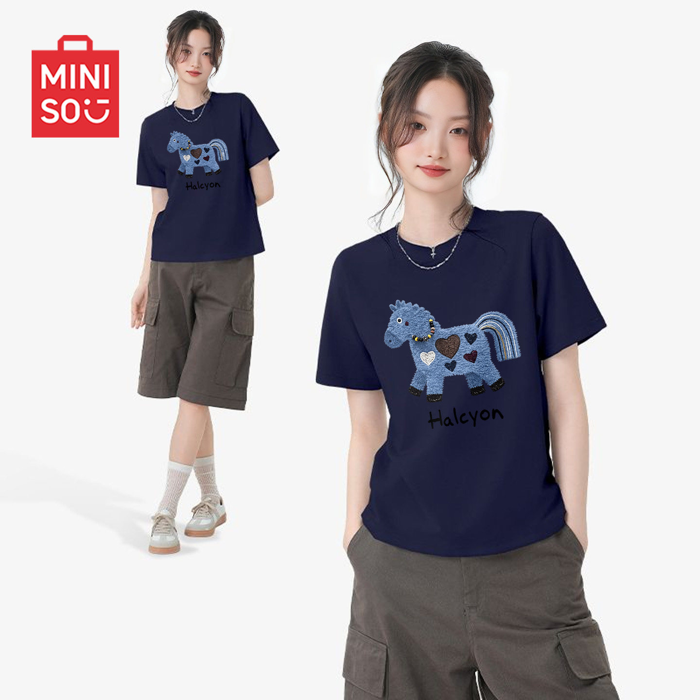 MINISO名创优品t恤女短袖2026新款初夏正肩修身半袖胖mm大码女装