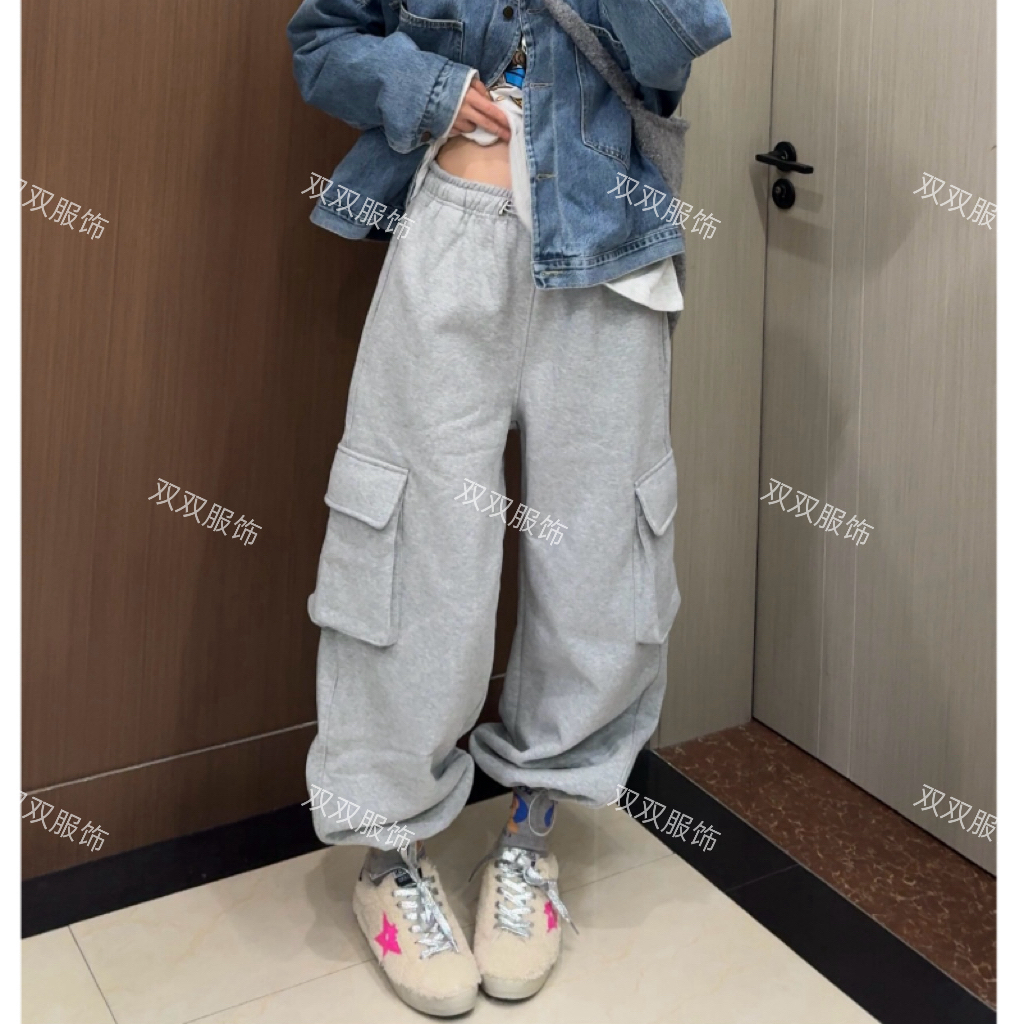【SSOUHAN】小个子工装大口袋加绒加厚休闲卫裤