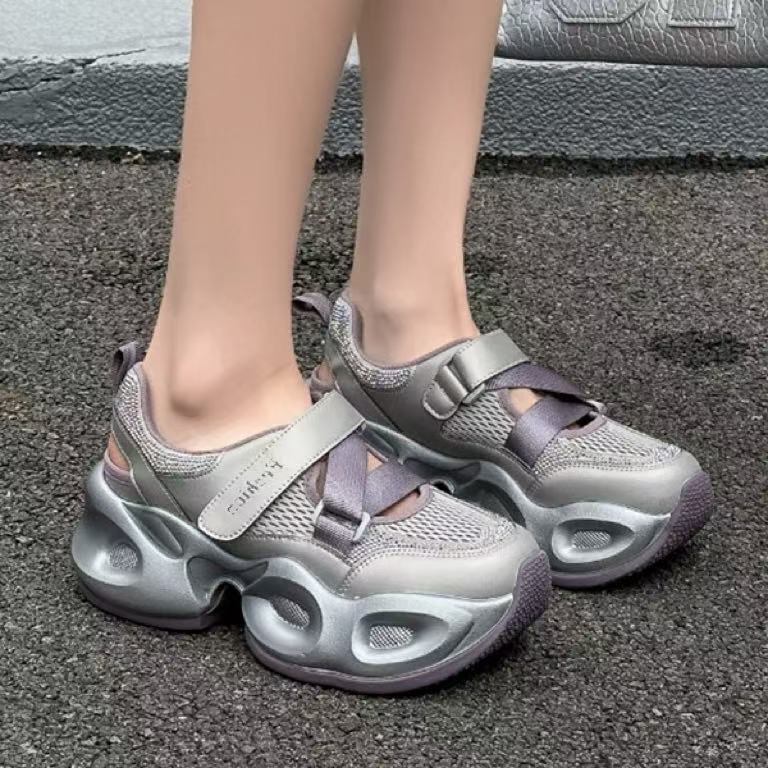 C6589 银紫 夏季时尚厚底圆头系带女休闲运动凉鞋 老爹鞋