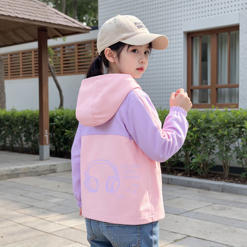 女童外套秋装时尚拼色中大童女宝宝春秋款夹克衫儿童时髦连帽开衫