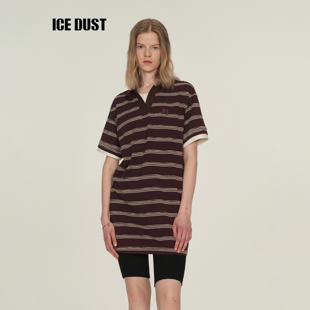 ICEDUST 条纹polo领短袖连衣裙女25PF系列夏季薄宽松假两件T恤裙
