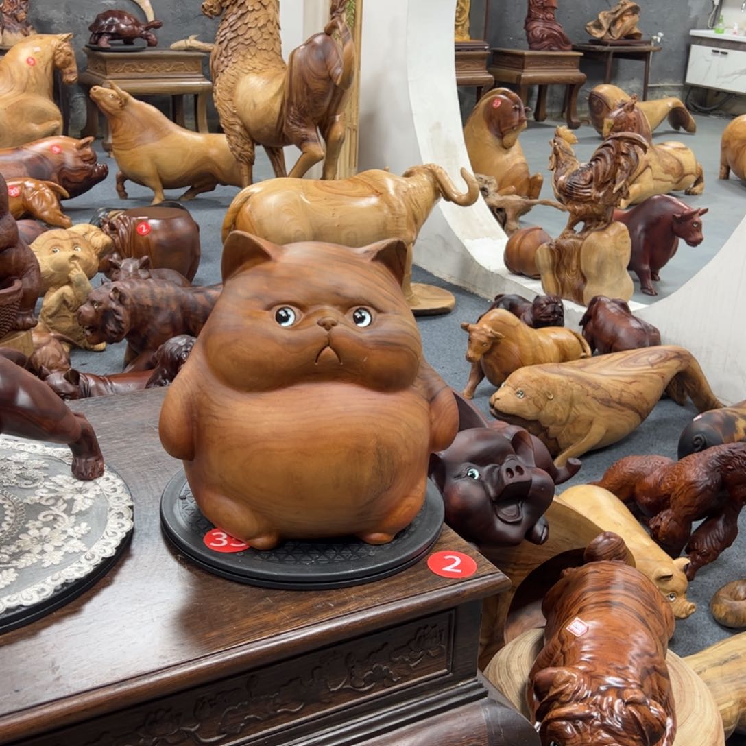 香樟木隨*樂胖猫摆件木雕